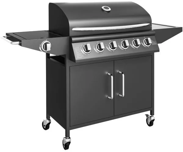 Kaasugrilli, jossa on 6 poltinta ja keittolevy