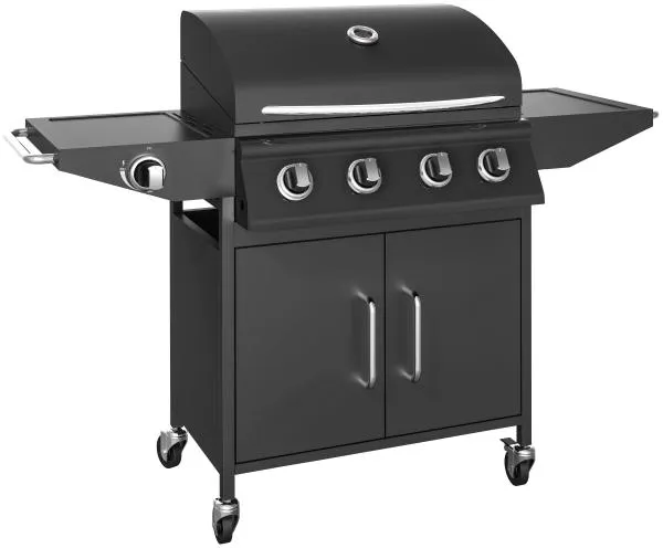 Kaasugrilli, jossa on 4 poltinta ja keittolevy