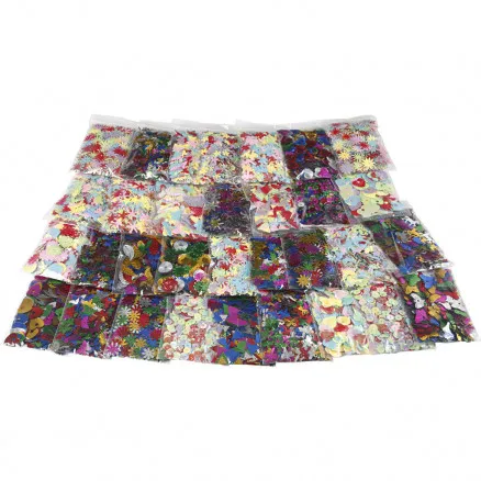 Monivärinen paljettisekoitus, lajitelmavärit, koko 7–30 mm, 25 g/32 kpl.